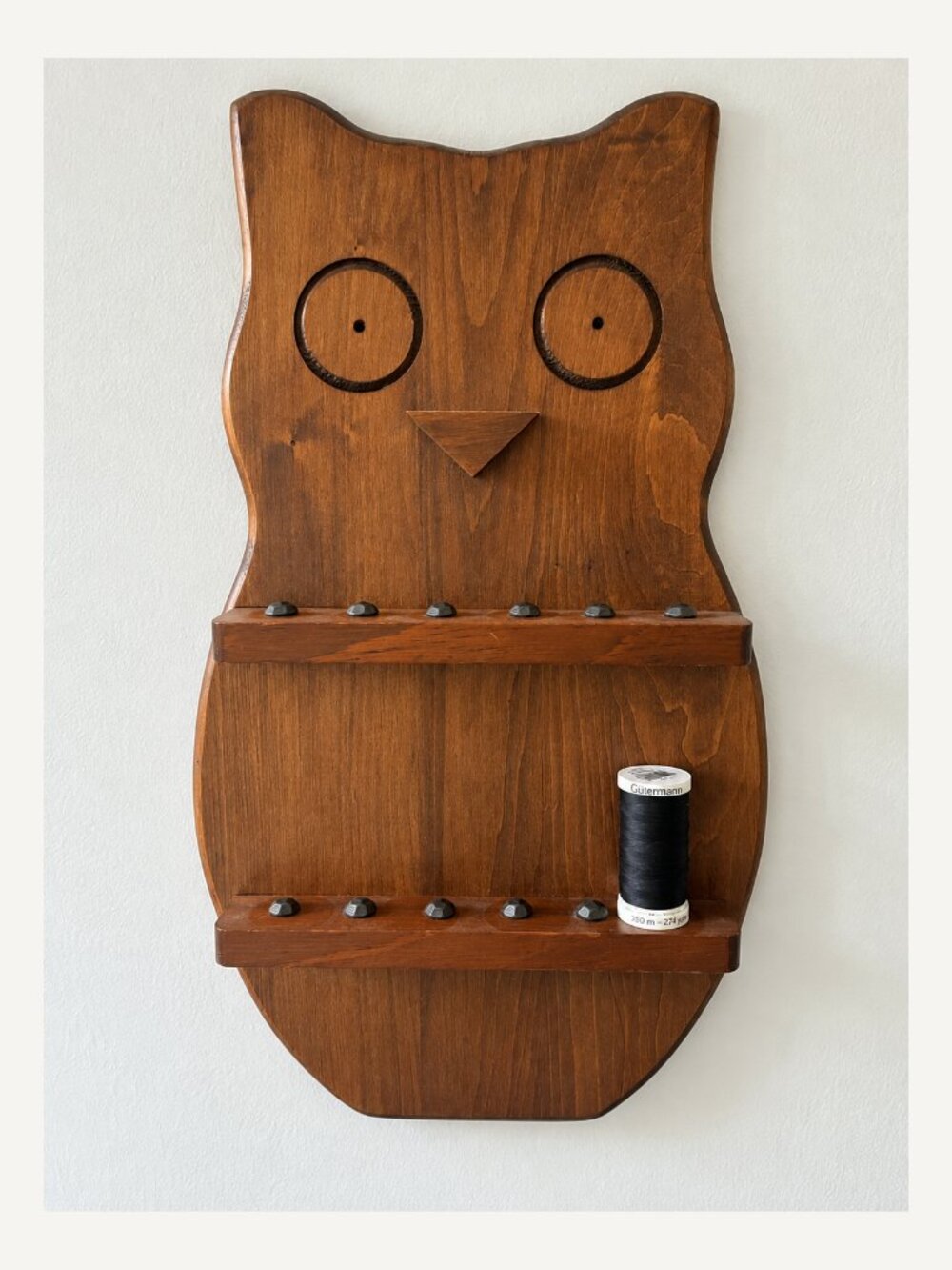 Wooden Owl Sewing / Thread Spool Wall Rack